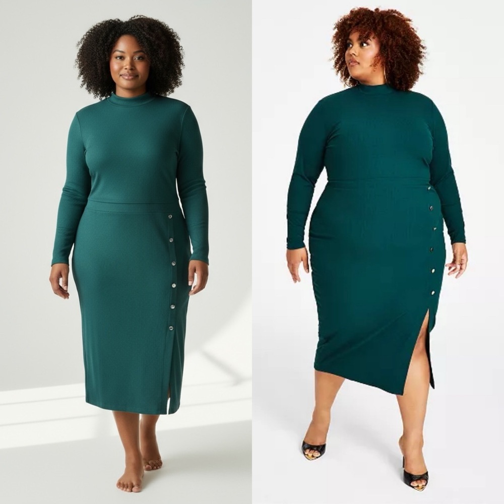 NINA PARKER Green Ribbed Mock Neck Midi Dress Size 3X NWT